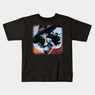 Drawing of a witch on a broom stick Kids T-Shirt